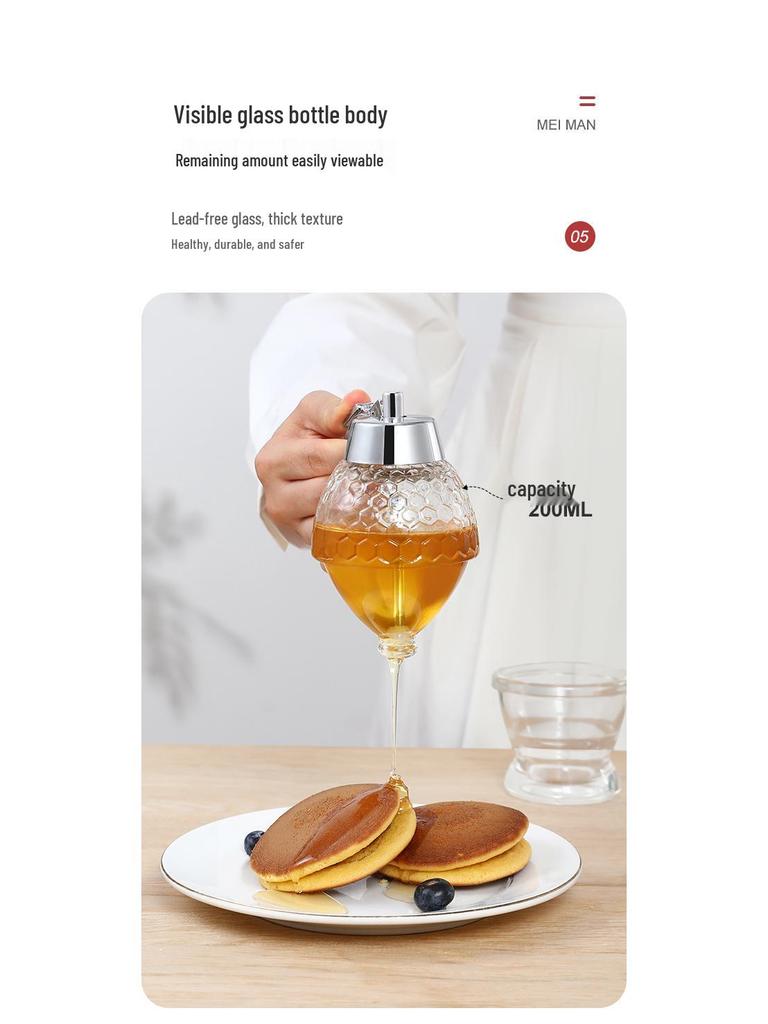 Innowacyjny Hermetyczny Szklany Dozownik Miodu i Syropu z Lejkiem i Podstawką