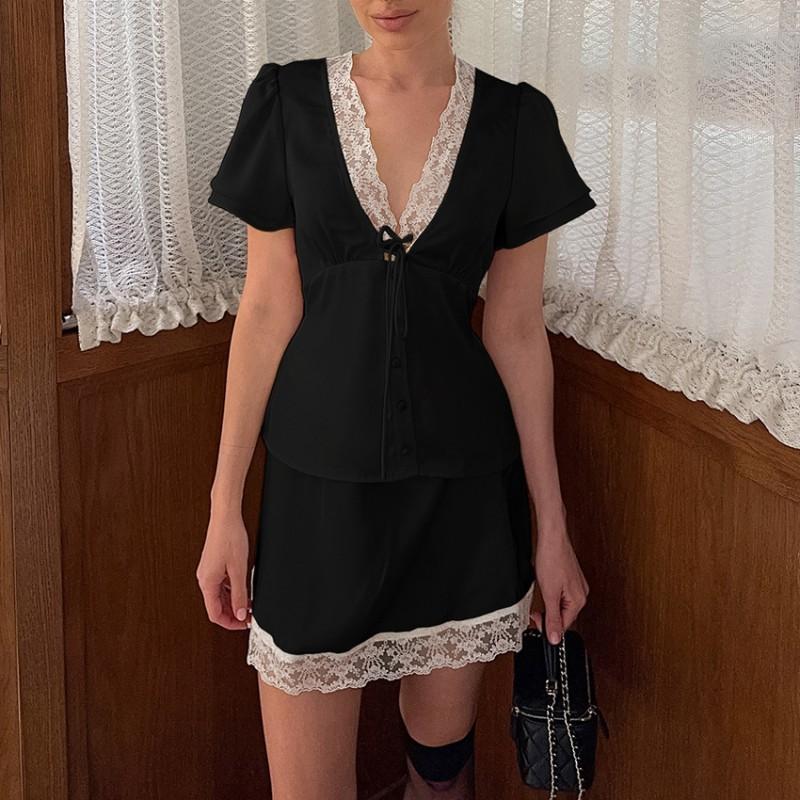 Womens Satin 2-Piece Dress Set Lace Short Sleeve Top Old Money Style