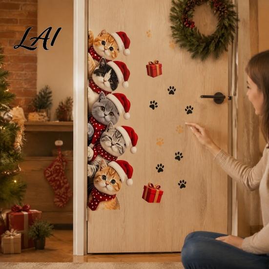 Cartoon Kitty Window Graphics Christmas Cat Door Sticker Cute Santa Hat Kittens Wall Decal Self Easy Peel And Stick Murals Adhesive Waterproof