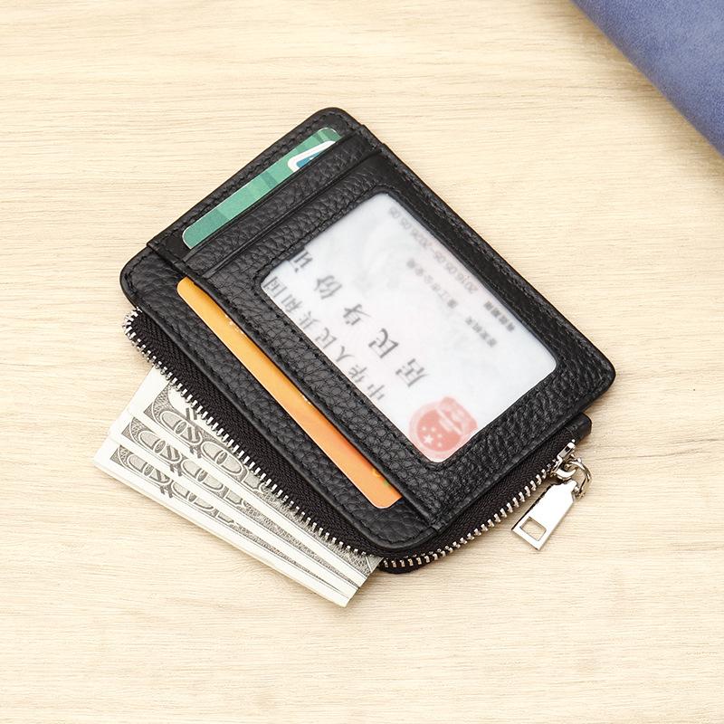 Genuine Leather Slim Card Holder RFID Blocking Zipper Coin Purse with ID Window Unisex Wallet