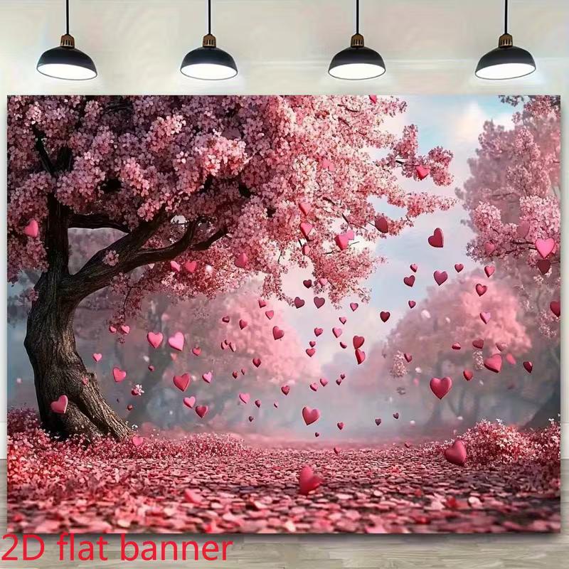 

2D Pink Love Sakura Banner, Cherry Blossom Tree with Floating Hearts Print Photo Banner 47.2x31.5inch/120*80cm