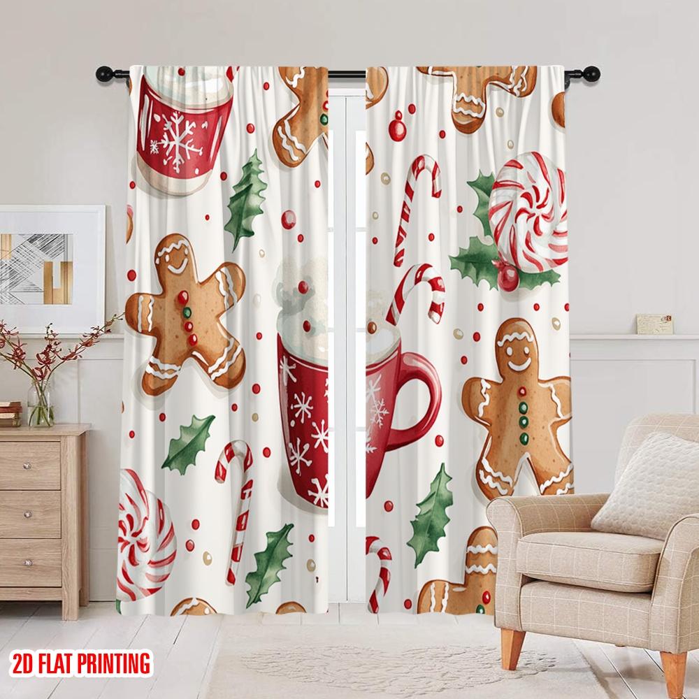 2pcs,2D Plane Printing Window Curtain Christmas Treats Hot Chocolate Gingerbread Durable 100% Polyester Fabric (without Rod)