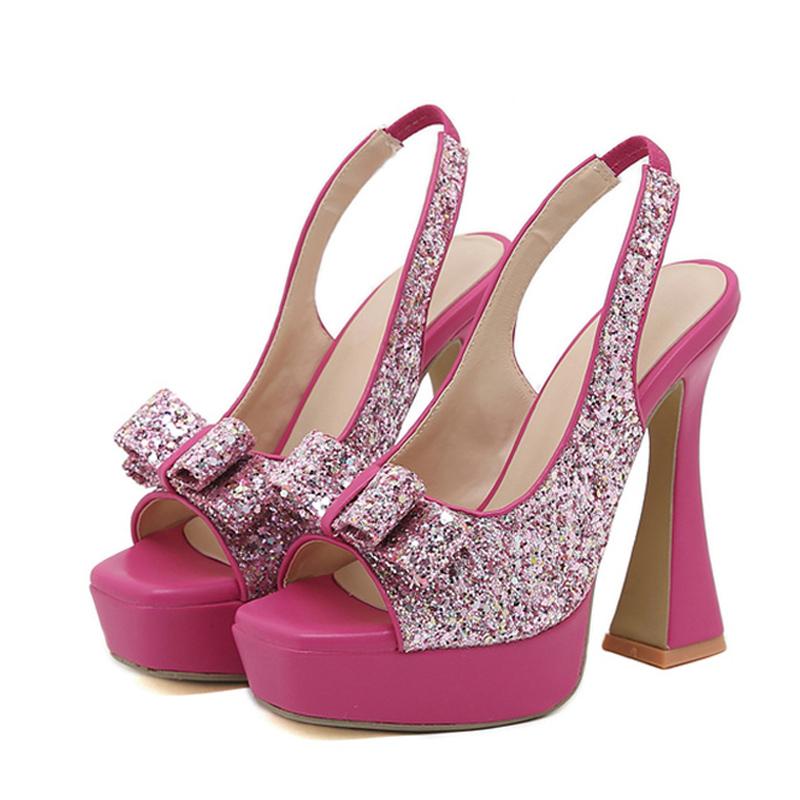Liyke Runway Style Glitter Sequined Bowknot Women Pumps Sexy Peep Toe Back Strap Gold Sandals Platform Heels Wedding Prom Shoes