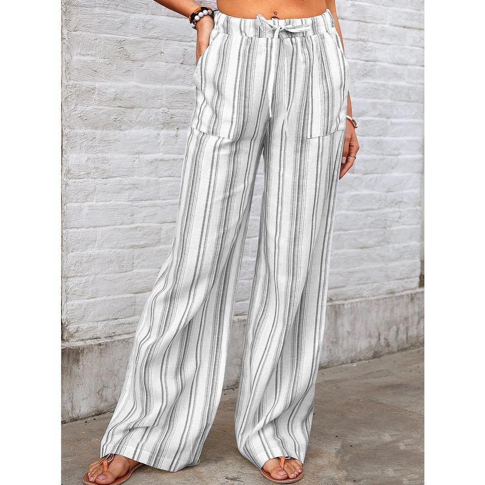 Women s Striped Linen Drawstring Wide Leg Pants Casual High Waist Beach Palazzo Trousers S серый