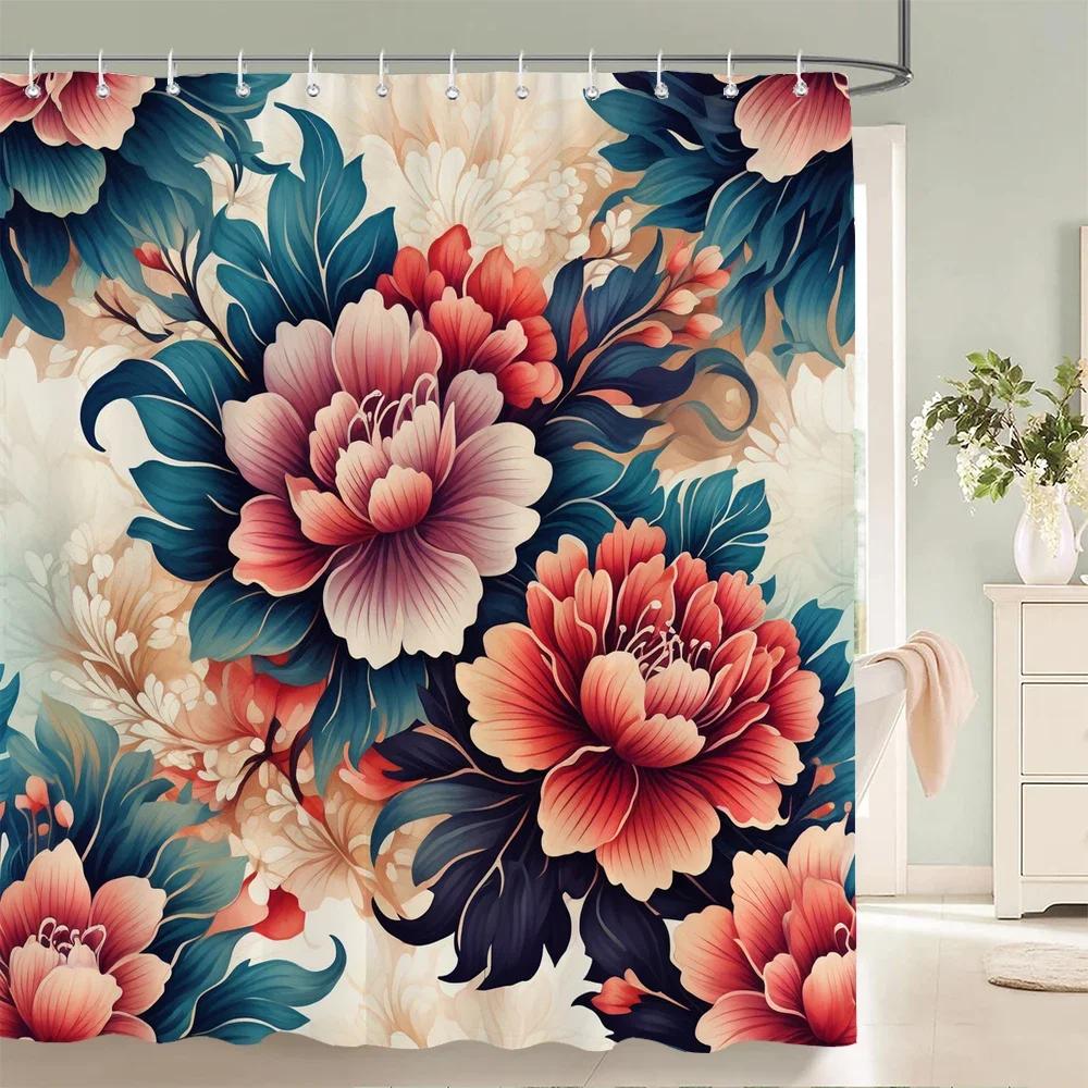 Rideau de douche Fleurs Magnifiques, Feuilles Aquarelle Sur La Plante Supérieure Avec Décor Floral de Salle de Bain, Ensemble de Rideau de Douche Avec Crochets
