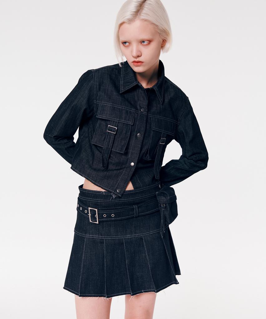 Leoninghai Non-Faded Pleated Denim Skirt [Black]