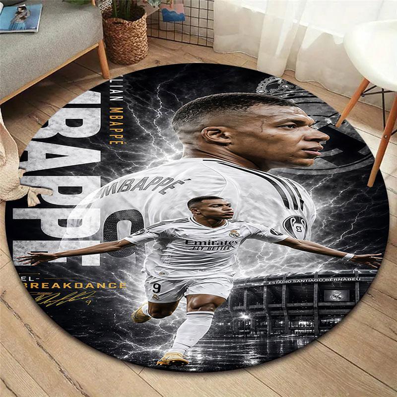 Kylian Mbappe Round Area Rug,Carpet Rug for Living Room Bedroom Sofa Playroom Decor,Non-slip Floor Mat
