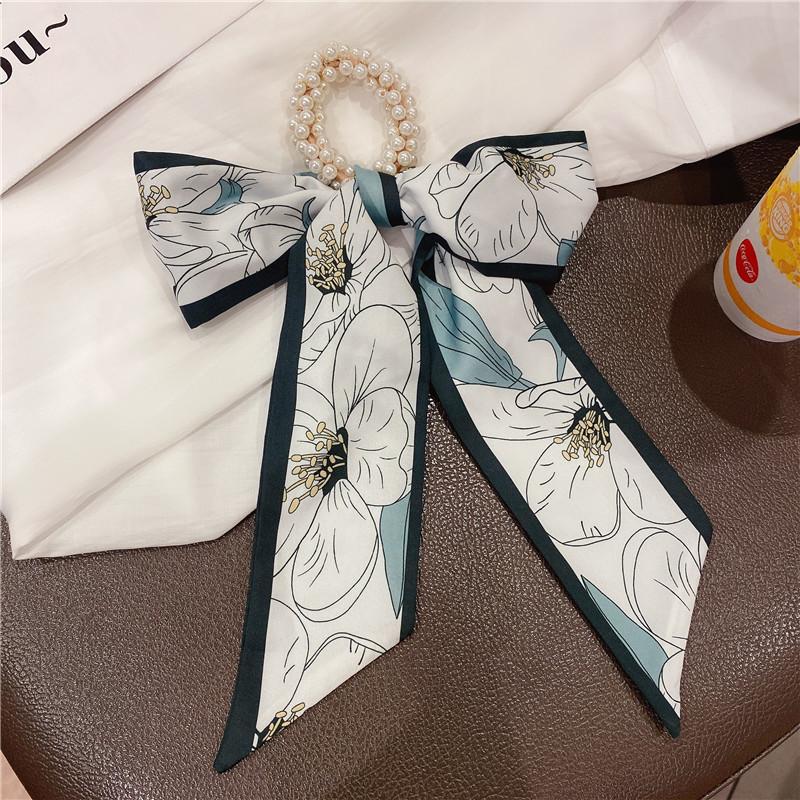 Fashion Pearl Scrunchies Ties Satin Long Ribbon Ponytail hair bundle Silk Floral Summer Hair Bands Accessories For Women Girls