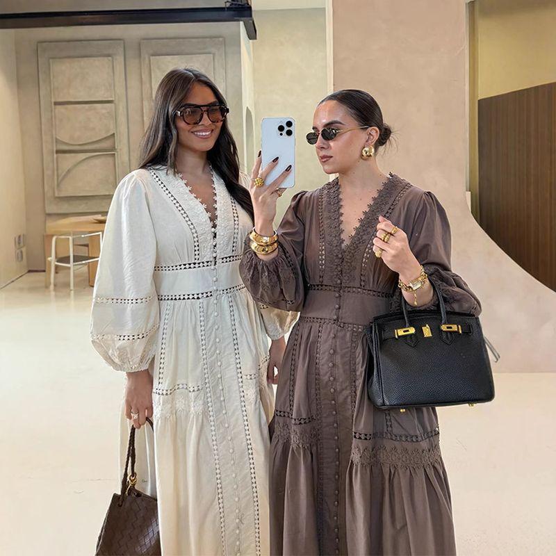 Lantern Sleeve Dress Summer Women Clothes Foreign Trade Casual All-matching V-neck Hollow Lantern Sleeve Dress