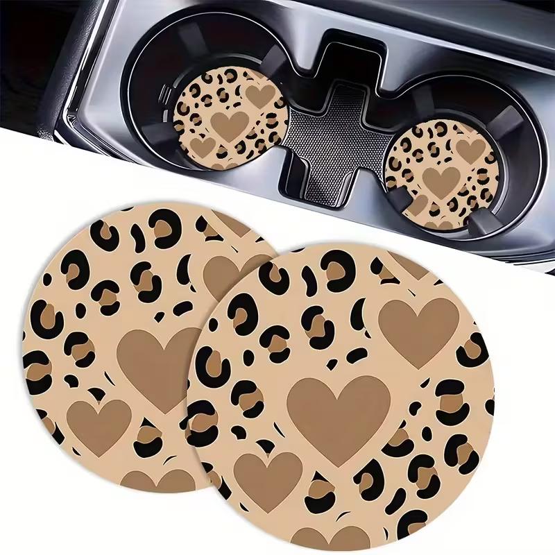 2PCS Car Cup Mat Leopard Pattern Love Pattern Car Anti Slip Cup Mat Creative Car Storage Mat Universal Shock Resistant