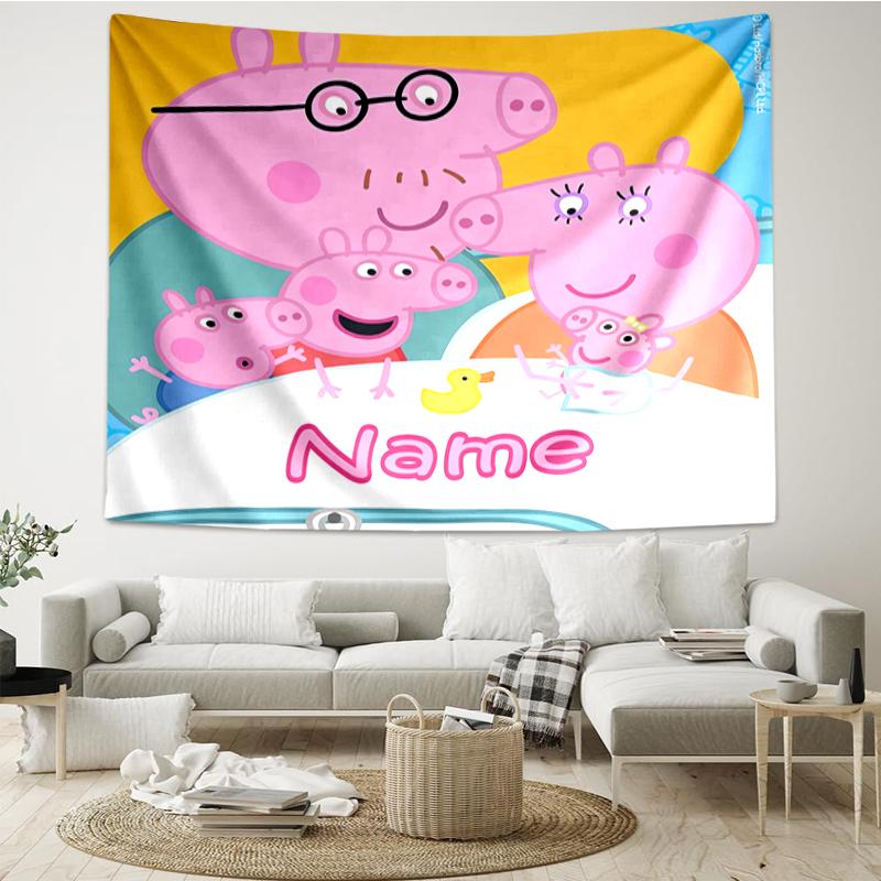 Custom Name Peppa Pig Print Tapestry, Backdrop, Easy Setup, Ideal for Bedroom, Office & Living Room, with Aesthetic Wall Hanging Decor.