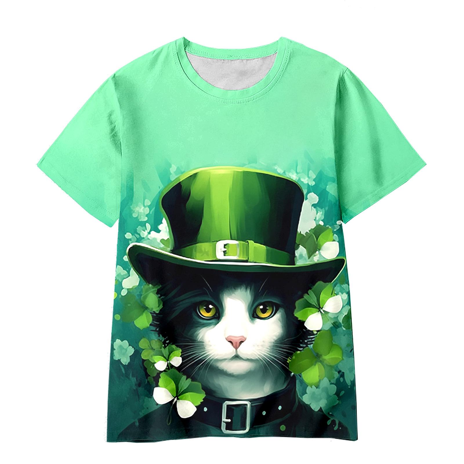 

Summer Round Neck 3D Green Magic Hat with Clover Print Top Fashionable Casual Short Sleeved Children s Boy and Girl T-shirts 120