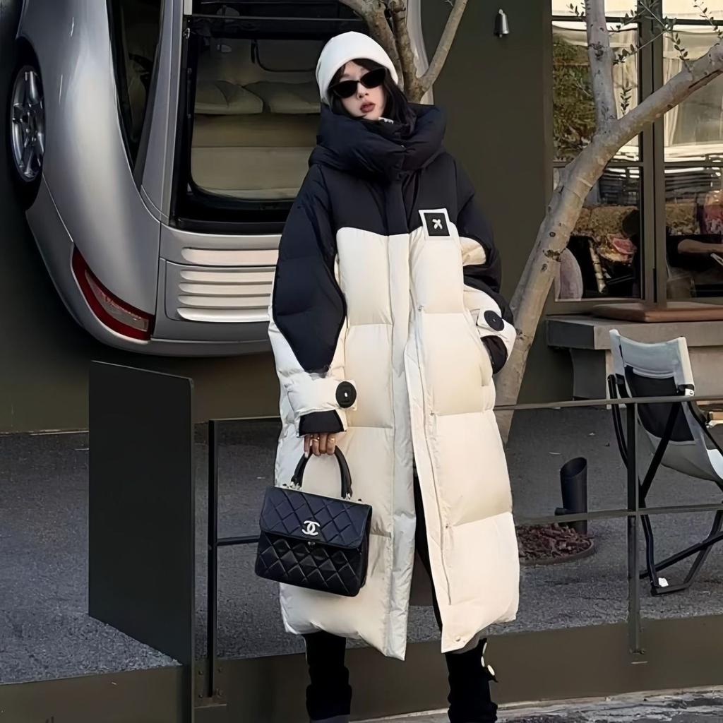 Over The Knee Puffer Jacket Patchwork Parkas Hooded Cotton-padded Jacket Winter Women Clothing Warm Thickened Windproof Coats