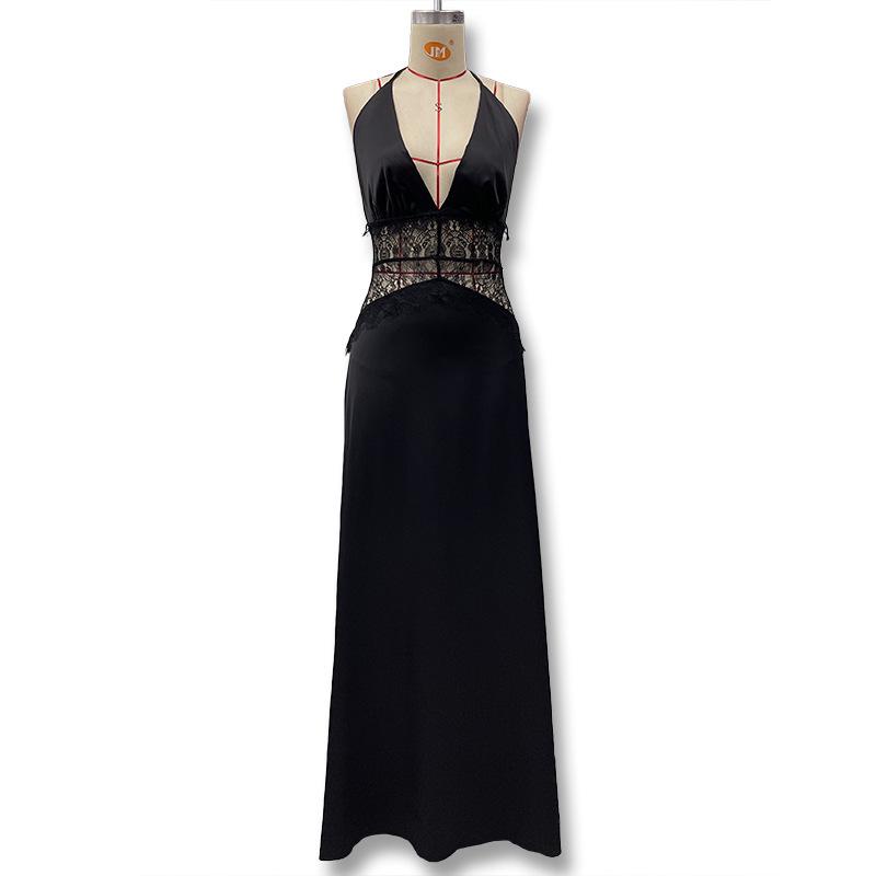 European Style 2025 Summer Women's Deep V Lace-Up Backless See-Through Slim Fit Dress
