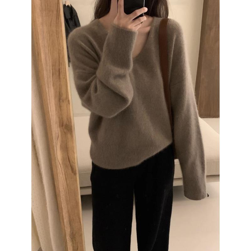 Women's V-neck Knitted Sweater Thick Autumn and Winter Loose Lazy Sweater Pullover Sweater