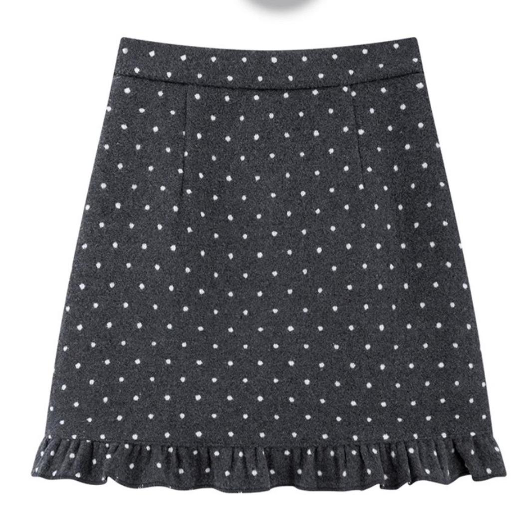 Black Polka Dot Bodycon A-Line Woolen Skirt, Elastic High Waist, Ruffle Hem, Spring/Autumn Fit for Plus Size Women