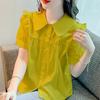 Women's Short Sleeved Chiffon Shirt Loose Doll Collar Shirt Top