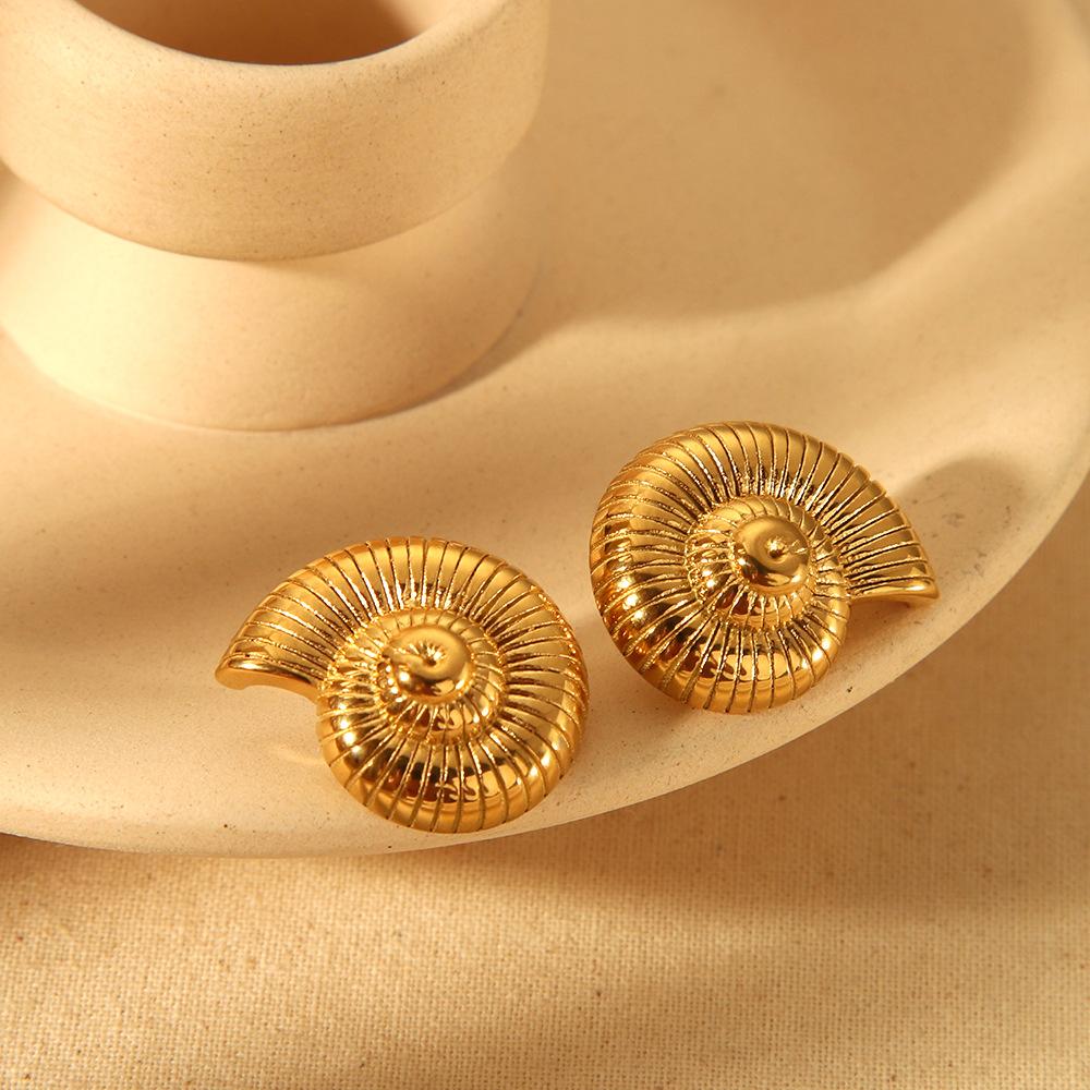 European and American Retro Vacation Style Spiral Conch Stud Earrings Shell Earrings Women's Stainless Steel Plated 18k Gold Bead Chain