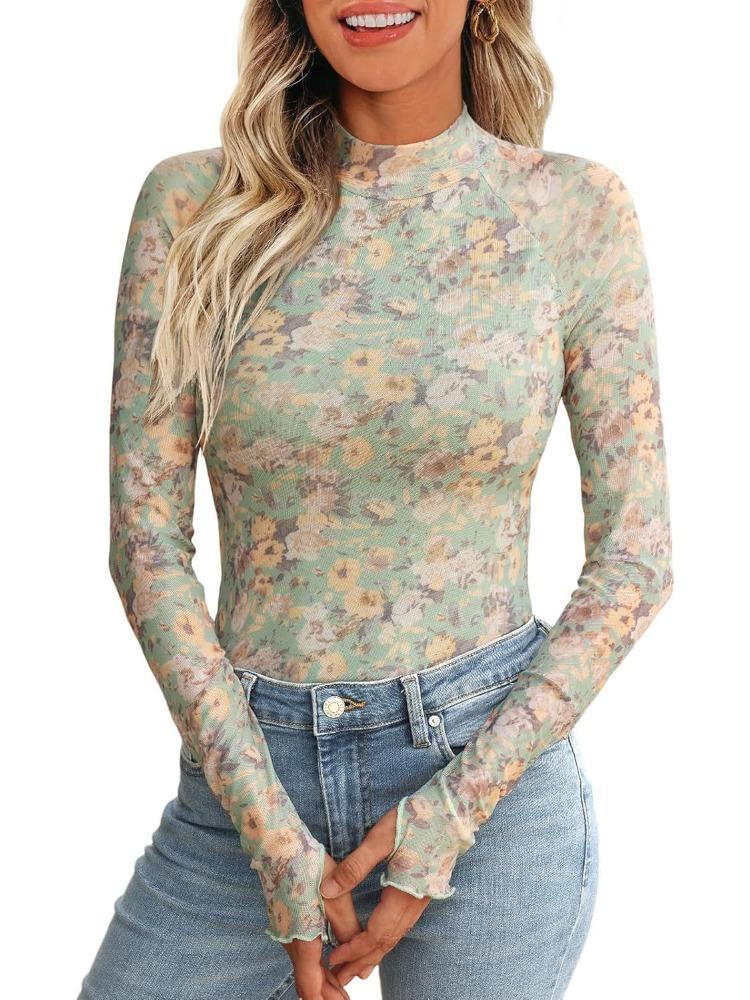 Women's Floral Print Mesh Long Sleeve Top