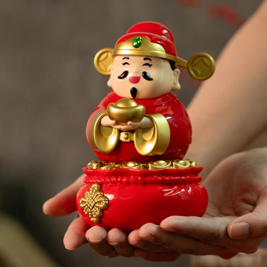 Enfeite Deus da Riqueza Segurando Lingote de Ouro Saco de Dinheiro Estatueta Estátua Deus da Fortuna Solar Ano Novo Chinês Festival da Primavera Decoração de Mesa