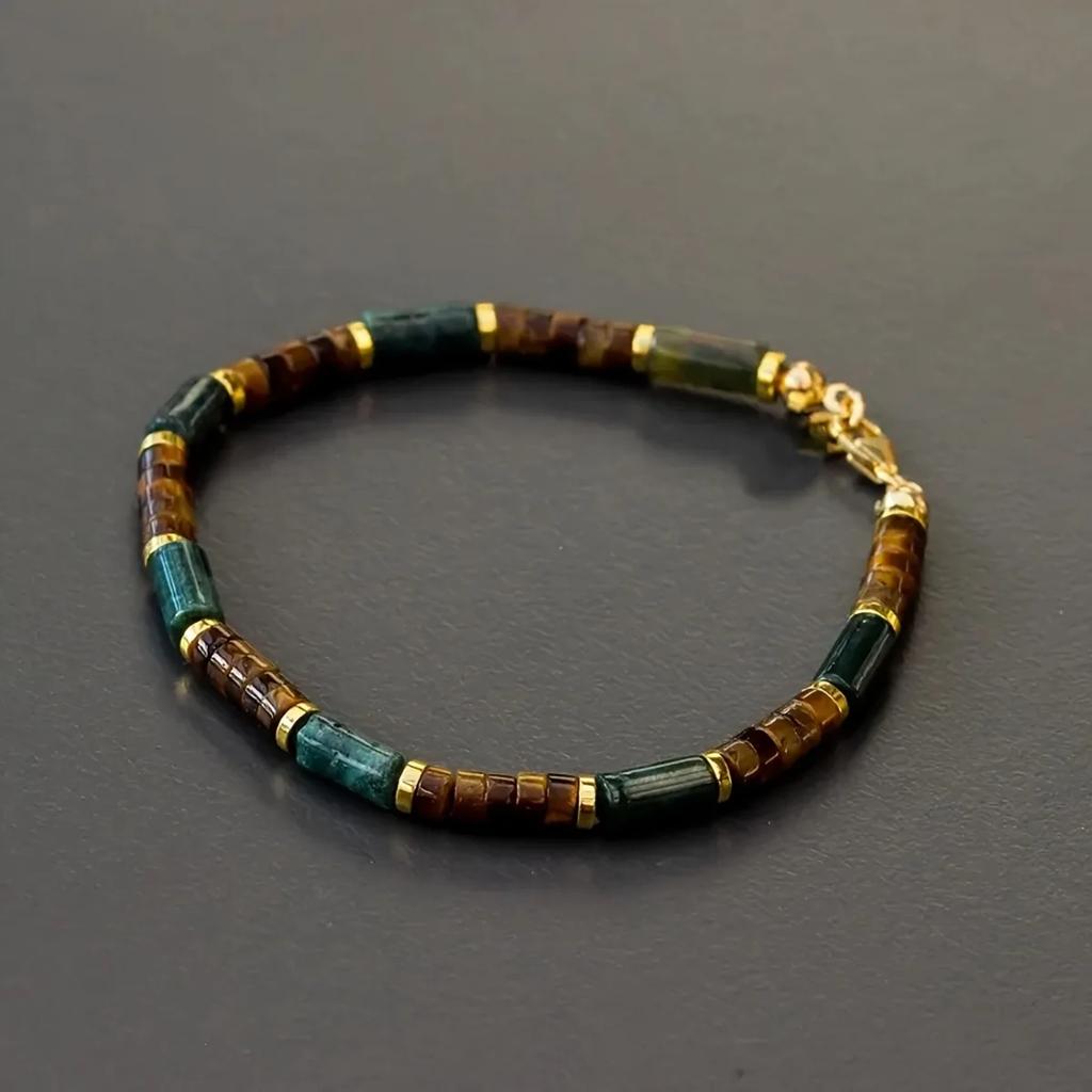 Hochwertiges Herren-Armband mit Perlen aus Moosachat und Tigerauge-Steinen, Symbol für Stärke, Mut und Wohlstand