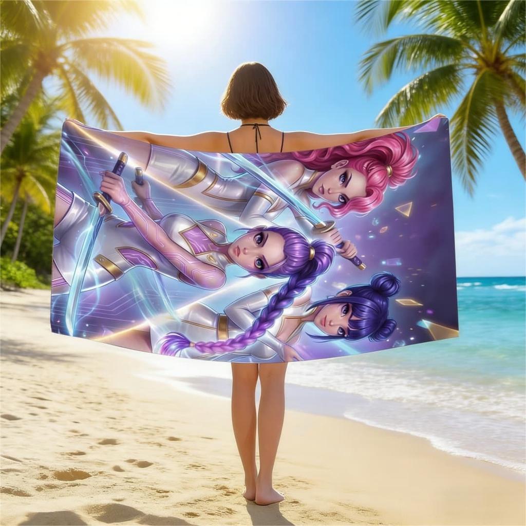 1pc K-pop K/DA Gaming Anime Girl Beach Towel Extra Large Quick Dry Microfiber Sand Free Absorbent for Pool Travel Washable
