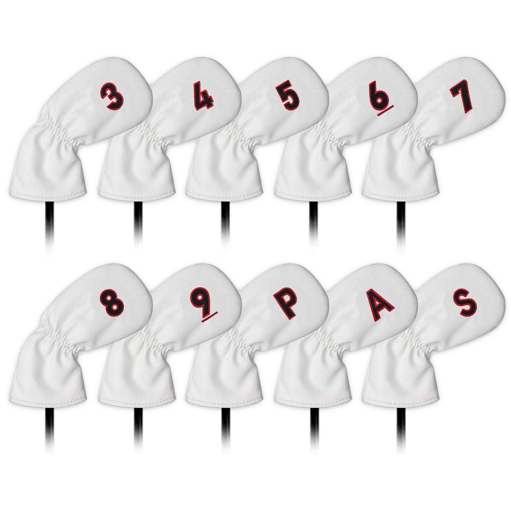 Golf head cover iron club set for men, left and right, 10 pieces (3-9, P, A, S) Red, number embroidery on both sides, white, synthetic leather, PU