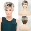 Women Blonde Brown Wigs with Bangs Short Layered Hair with Dark Roots Synthetic Wave Wig for Daily Cosplay Use Heat Resistant Fibre