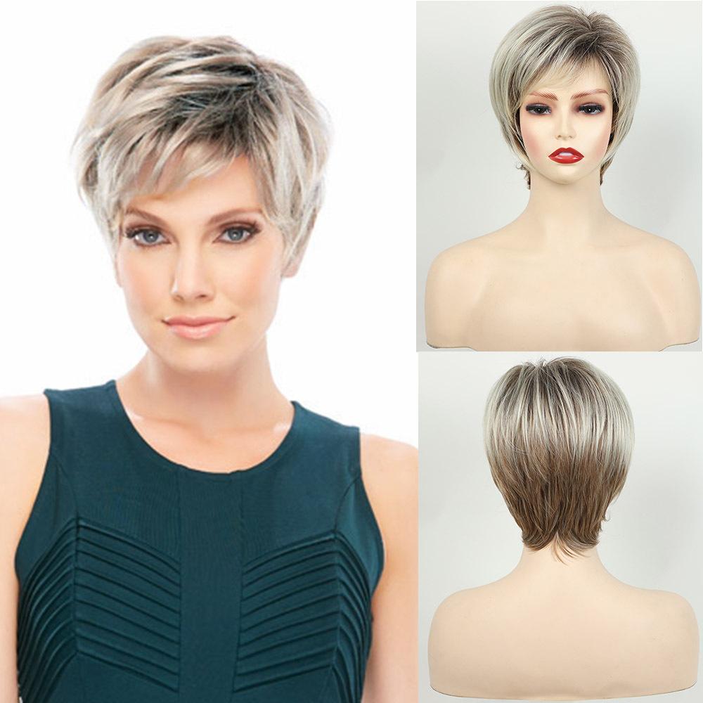 

Women Blonde Brown Wigs with Bangs Short Layered Hair with Dark Roots Synthetic Wave Wig for Daily Cosplay Use Heat Resistant Fibre