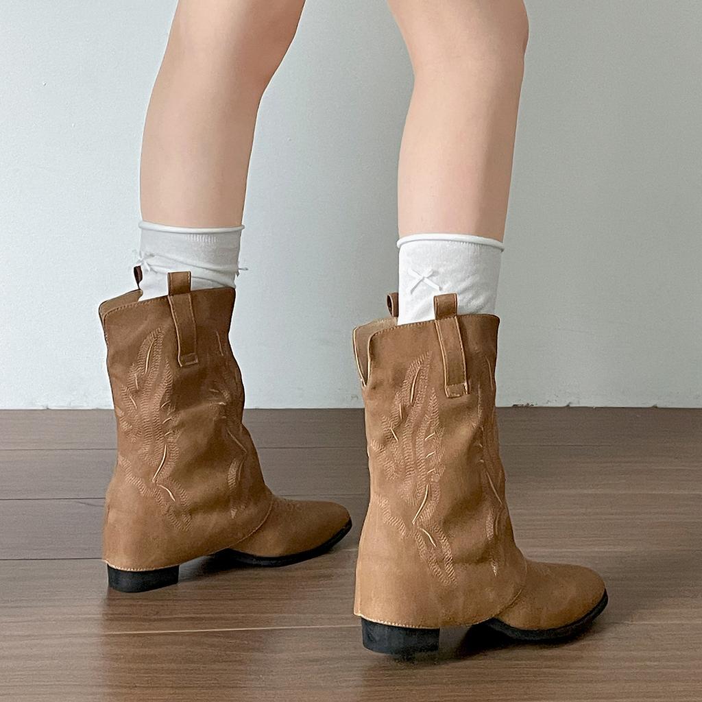 Popular Brown Maillard Pointed Thick High-heeled Short Boots Children's Summer 2025 New Versatile Retro Western Cowboy Boots