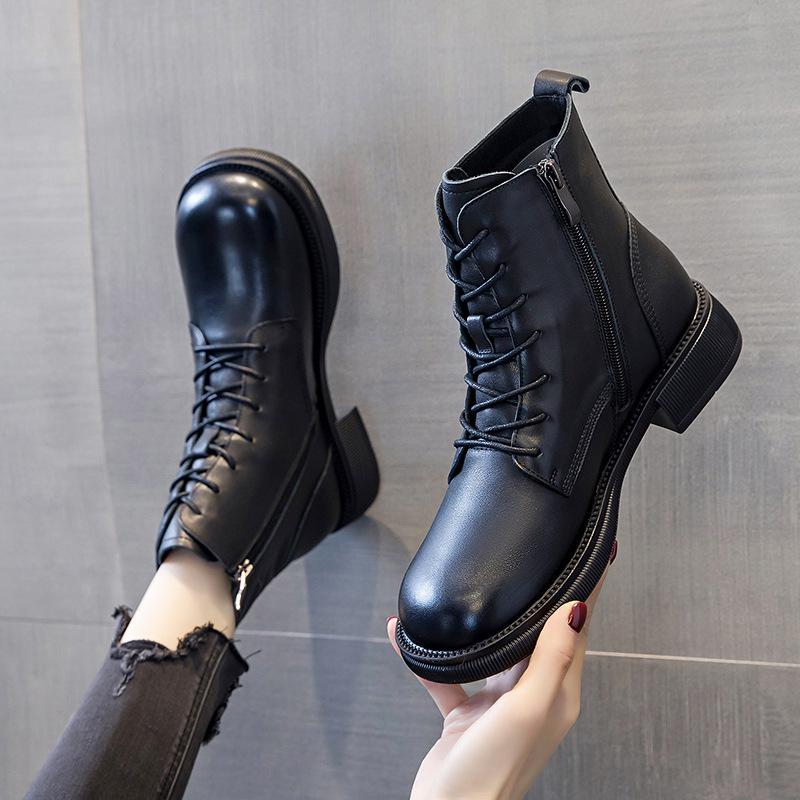 Plus Size Women's Genuine Leather Martin Boots - Flat Heel, Lace-up, Side Zipper, Cowhide, Ankle Boots, Sizes 41–43, Versatile for Autumn 2022.