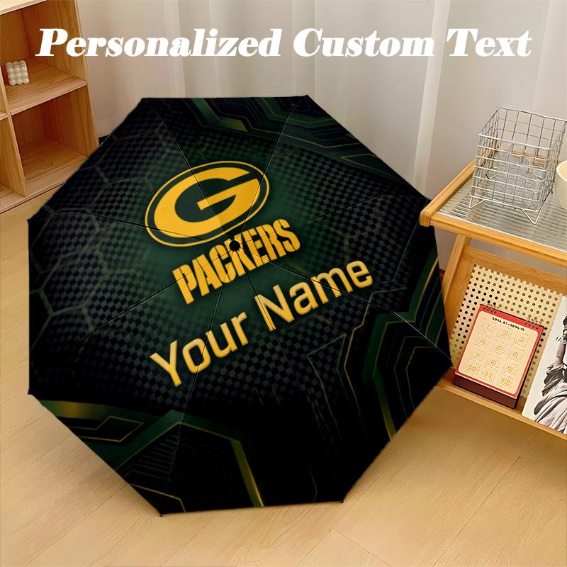 Green Bay Packers Automatic 8‑ribs Umbrella, Custom Name Text Personalized Folding Umbrella Rain Sun Gift