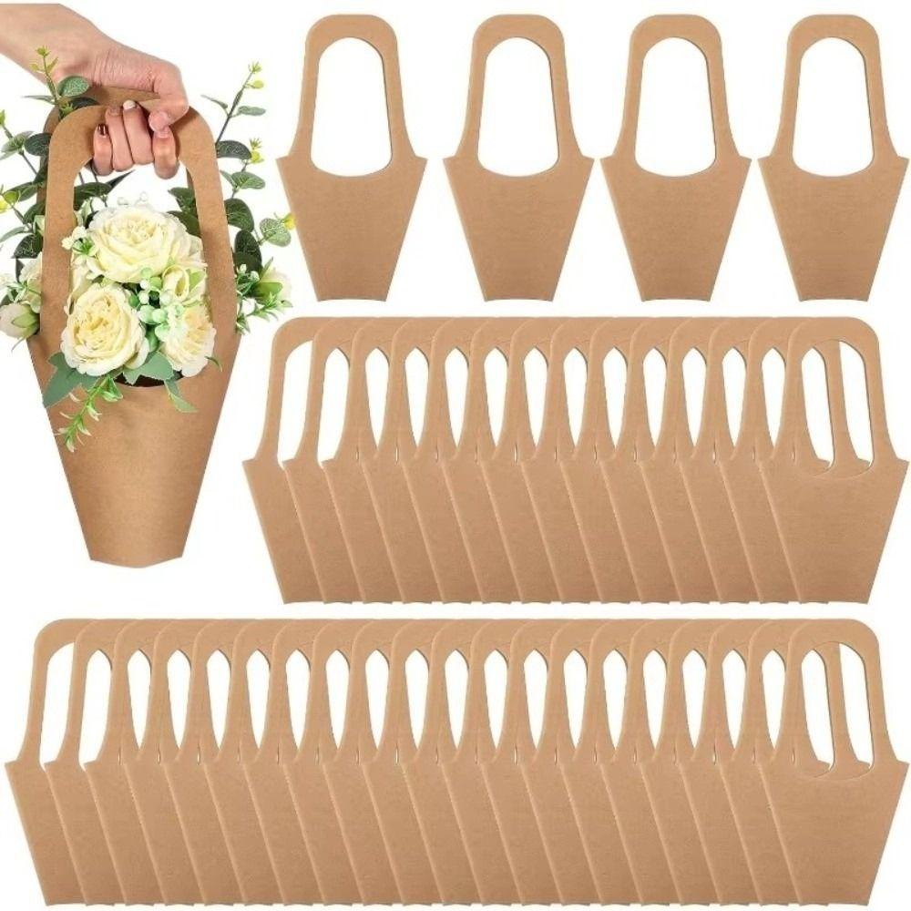 10Pcs with Handle Kraft Paper Tote Handheld Flower Basket Large Capacity Flower Paper Box Bouquet Tote Reusable Folding Gift Box