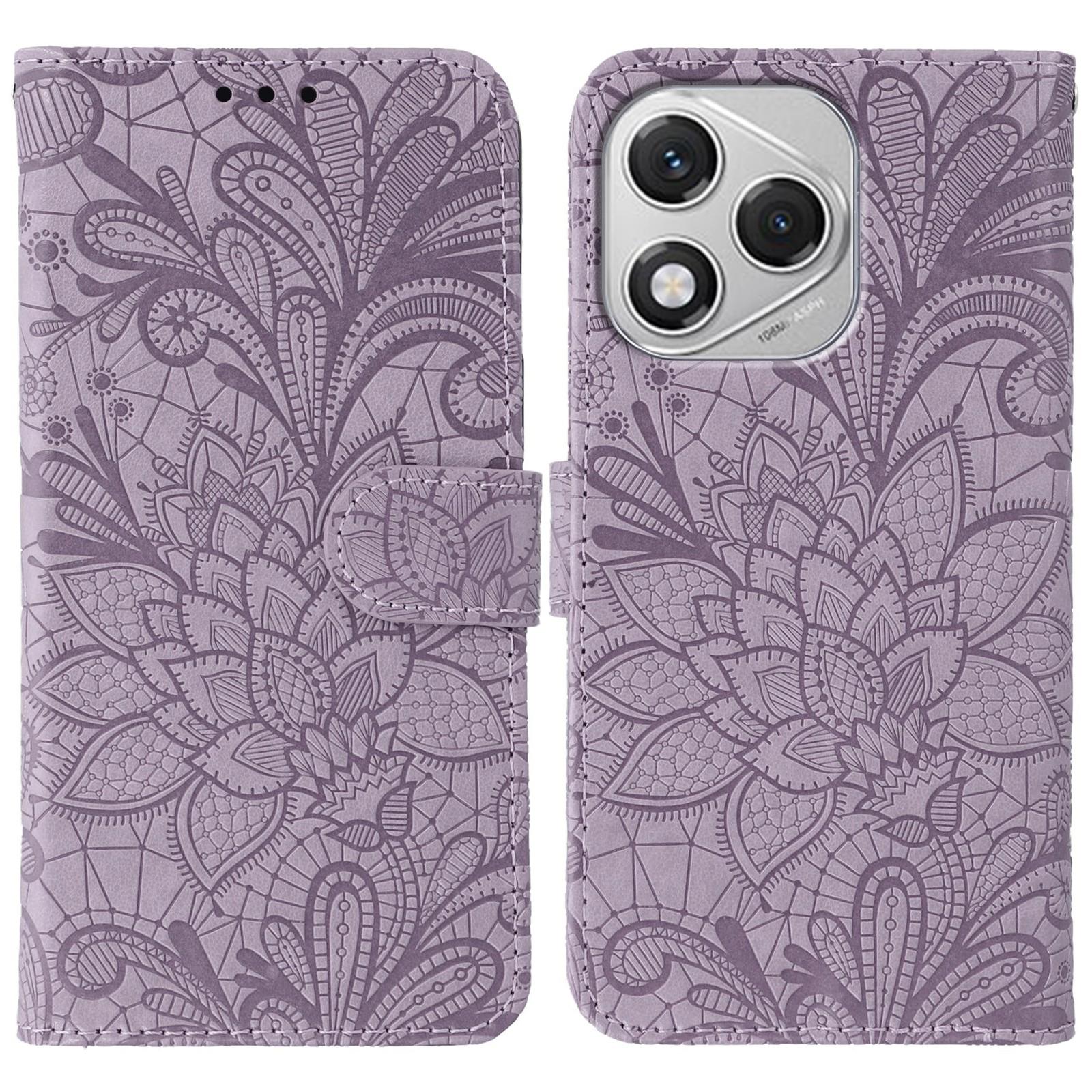 

For Honor 400 Lite Case Lace Flowers PU Leather Flip Wallet Phone Cover Purple