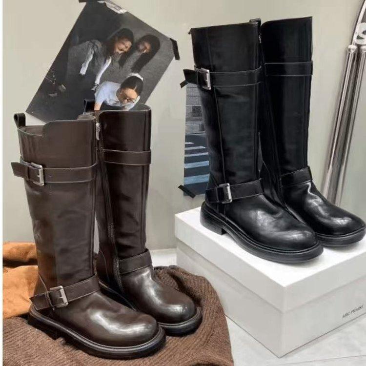 [Cowhide Edition] Dune Aesthetics~ Fleece Retro Double Button Medium and High Western Boots Women's Knight Boots Winter