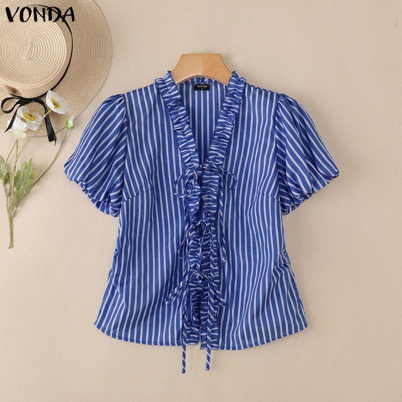 VONDA Women Puff Short Sleeve Bow Knot Striped Casual Ruffled Blouse Tops