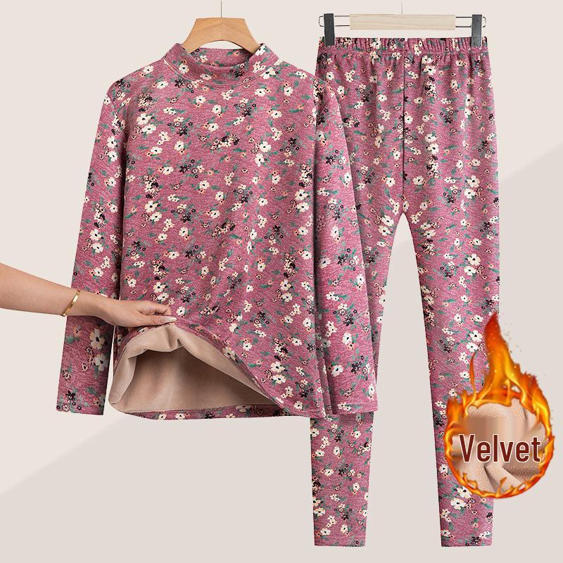 Warm Fleece-Lined Winter Clothing Set for Middle-Aged and Elderly Women: Cozy Base Layer for Autumn and Winter