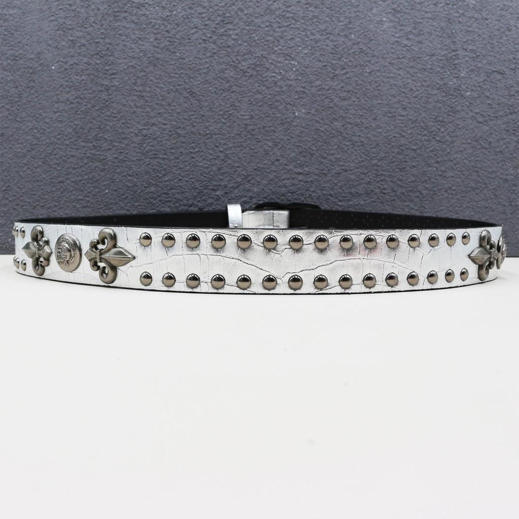Silber Weiß Krokodilmuster Totenkopf Nieten Ledergürtel - Unisex Punk Hüftaccessoire