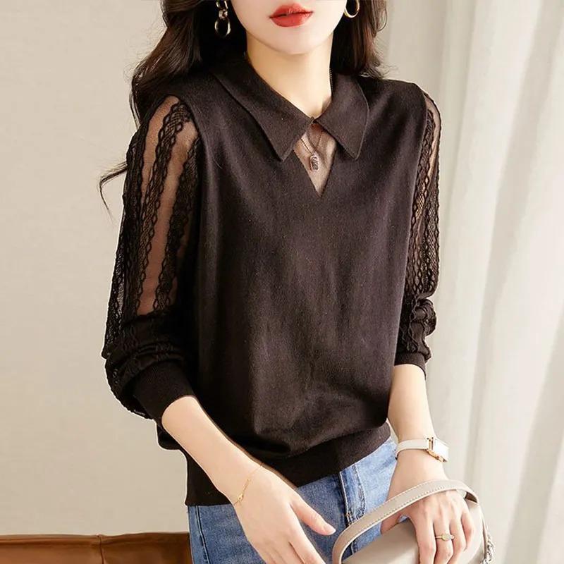 Lace Top Women's Western-style Long-sleeved Bottoming Shirt Spring and Autumn New Thin Hollow Doll Collar Mesh Sweater