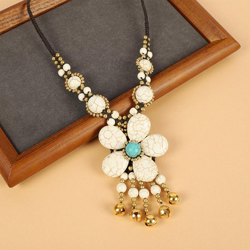 

Turquoise flower forehead chain, retro Tibetan bell, fringed forehead, eyebrow pendant, woven headdress necklace, female.