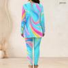 Women Plus Size Two Piece Pants Set Front Half Zip Long Sleeve Printed Longline Top Fitted Turquoise Pants