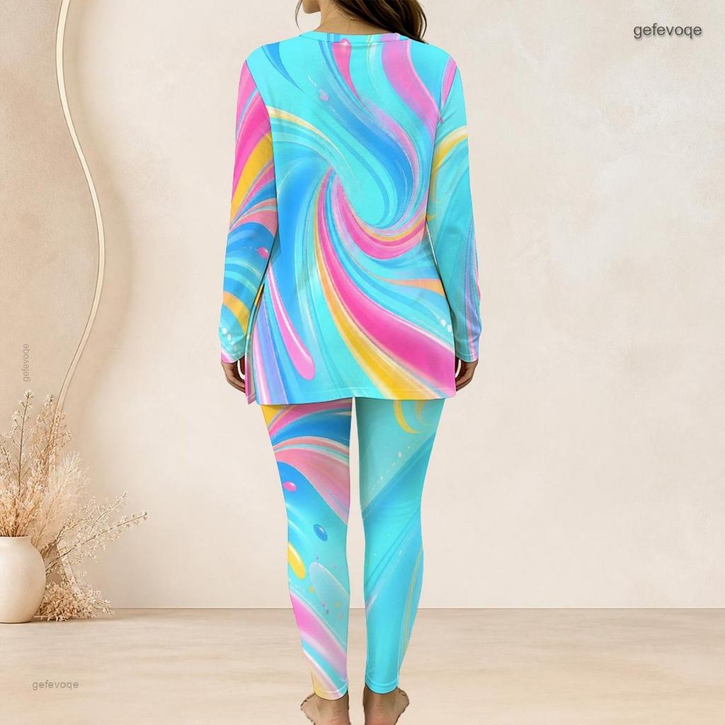 Women Plus Size Two Piece Pants Set Front Half Zip Long Sleeve Printed Longline Top Fitted Turquoise Pants