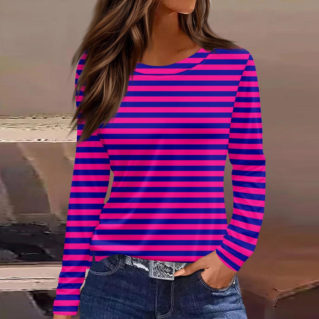 Women's Fashion Hem Split Casual Stripe Gradient Stripe Print Round Neck Long Sleeve Top