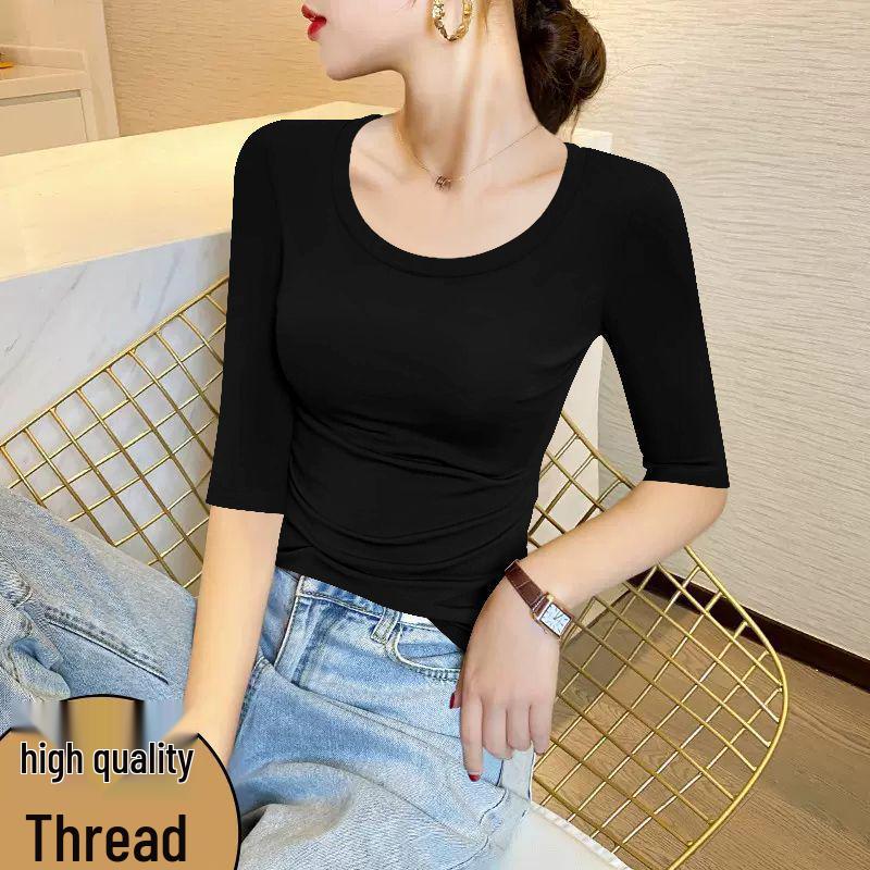 

Women s Spring/Summer Straight Shoulder Elastic Drape Short-Sleeve T-shirt - Large Size, Age-Reducing Mid-Sleeve Design L (for 95-110 jin)