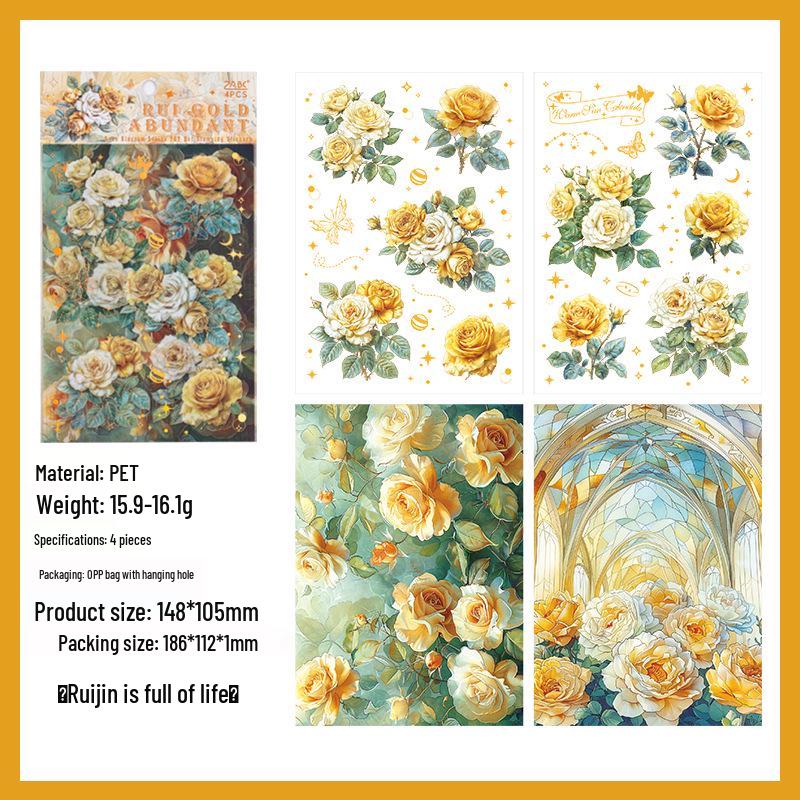 Yuezhen Rose Die-Cut Waterproof PET Journal Stickers - Creative Floral Designs