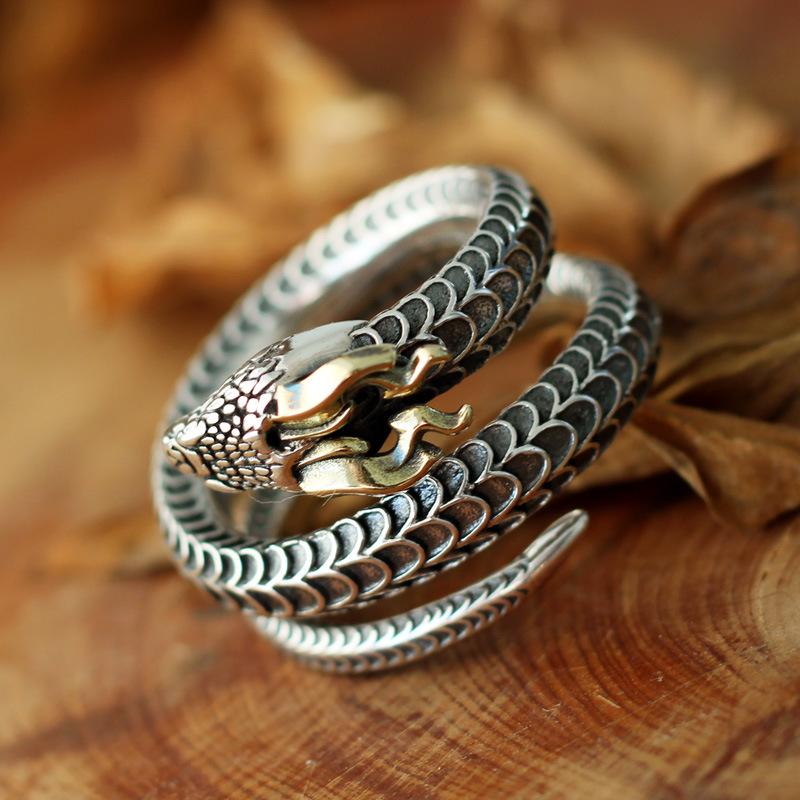 

Buyee 925 Sterling Silver Male Big Ring Horned snake Open Ring Finger for Men Women Fashion Unique Rock Punk Fine Jewelry Circle resizable