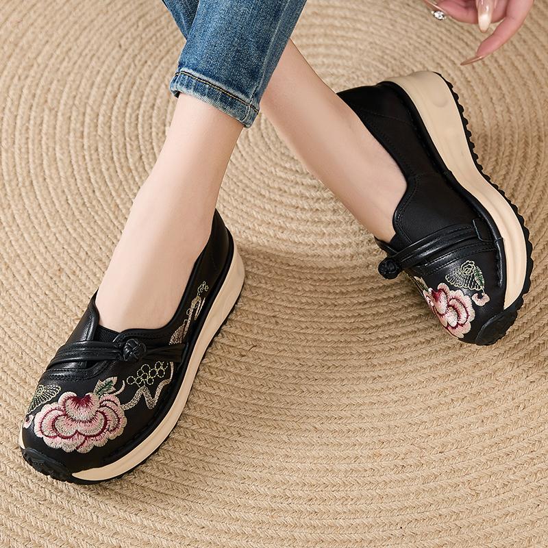 Fashion GKTINOO Platform Sneakers Women Genuine Leather Shoe Embroidered Round Toe Lace-Up Thick Sole Flats Ladies Shoes Handmade