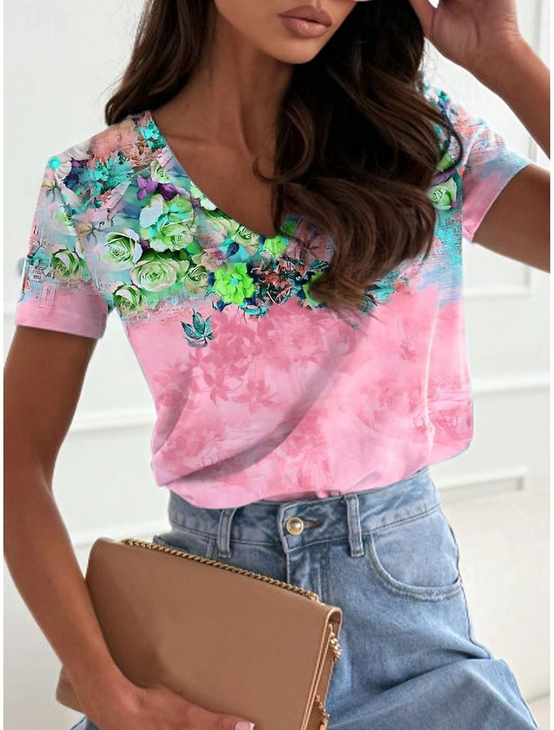 Sommer Neues Damen-T-Shirt Y2k Damen-T-Shirt 3D Farbverlauf Blumenprint V-Ausschnitt Kurzarmhemd Mode Damen T-Shirt Kleidung