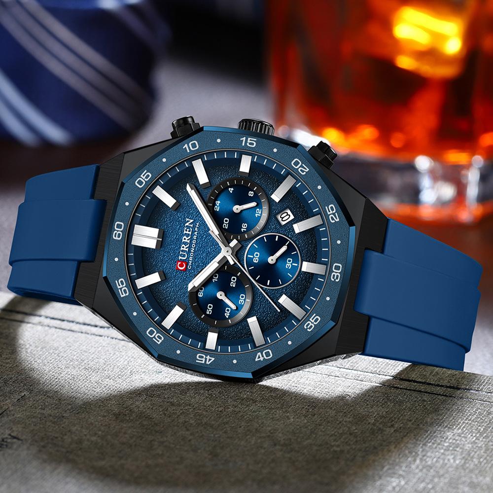 CURREN Men's Sports Chronograph Wristwatch with Black Silicone Band Auto Date Luminous Hands Quartz Watch for Men