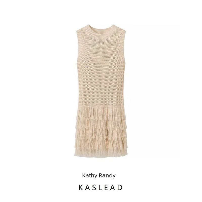 Kaslead New Arrival Women's Clothing Fashion Style Fashion Minimalist Tassel Sleeveless round Neck Knitting Dress
